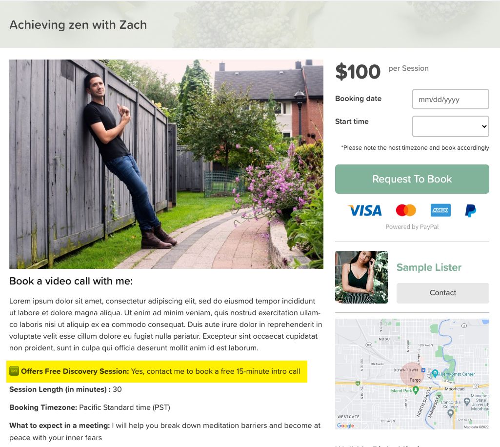 Look for indication on the session page to see if the expert is offering a free discovery call