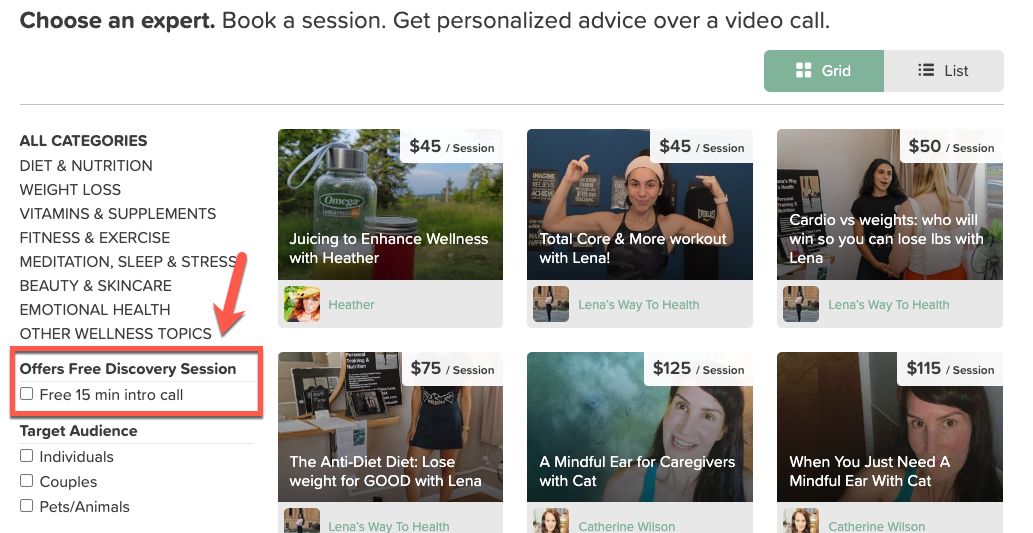 Filter for experts who offer free discovery calls as a part of their session offering